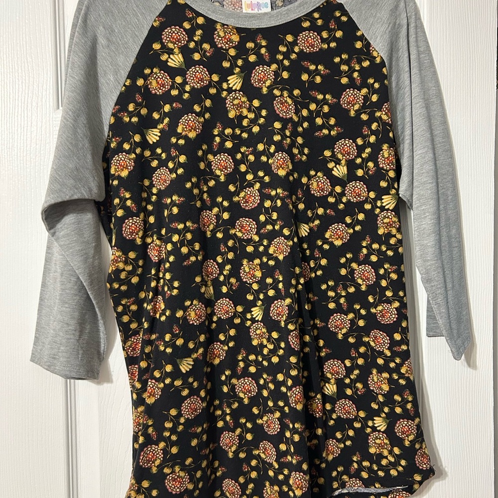LuLaRoe Black Floral Top with Gray sleeves
